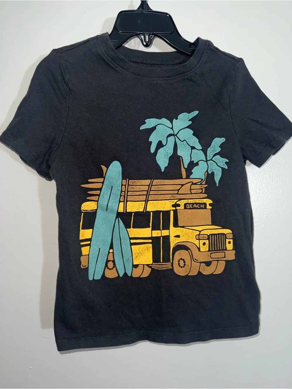 Old Navy Black Tee with Yellow Bus and Teal Surf Graphic